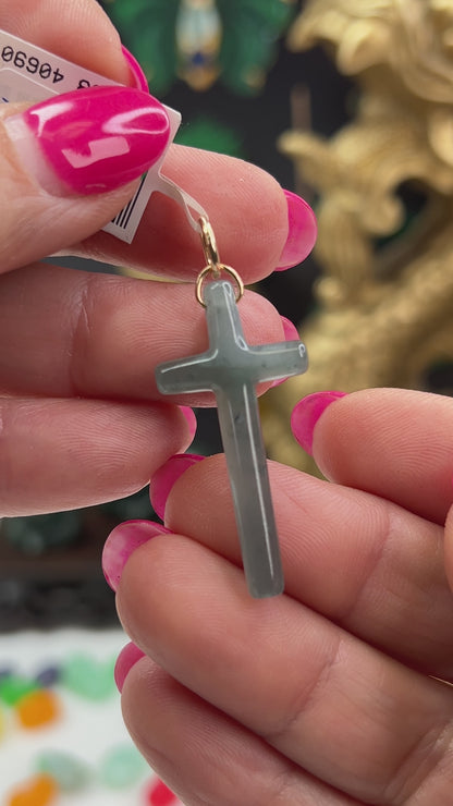 Blue Green Jadeite Jade Cross 14K Yellow Gold Pendant | Guatemalan Jade | UPC #406902