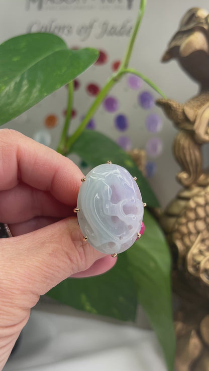 14K Yellow Gold Green and Lavender Jadeite Jade Dragon Carving Ring | UPC #373815