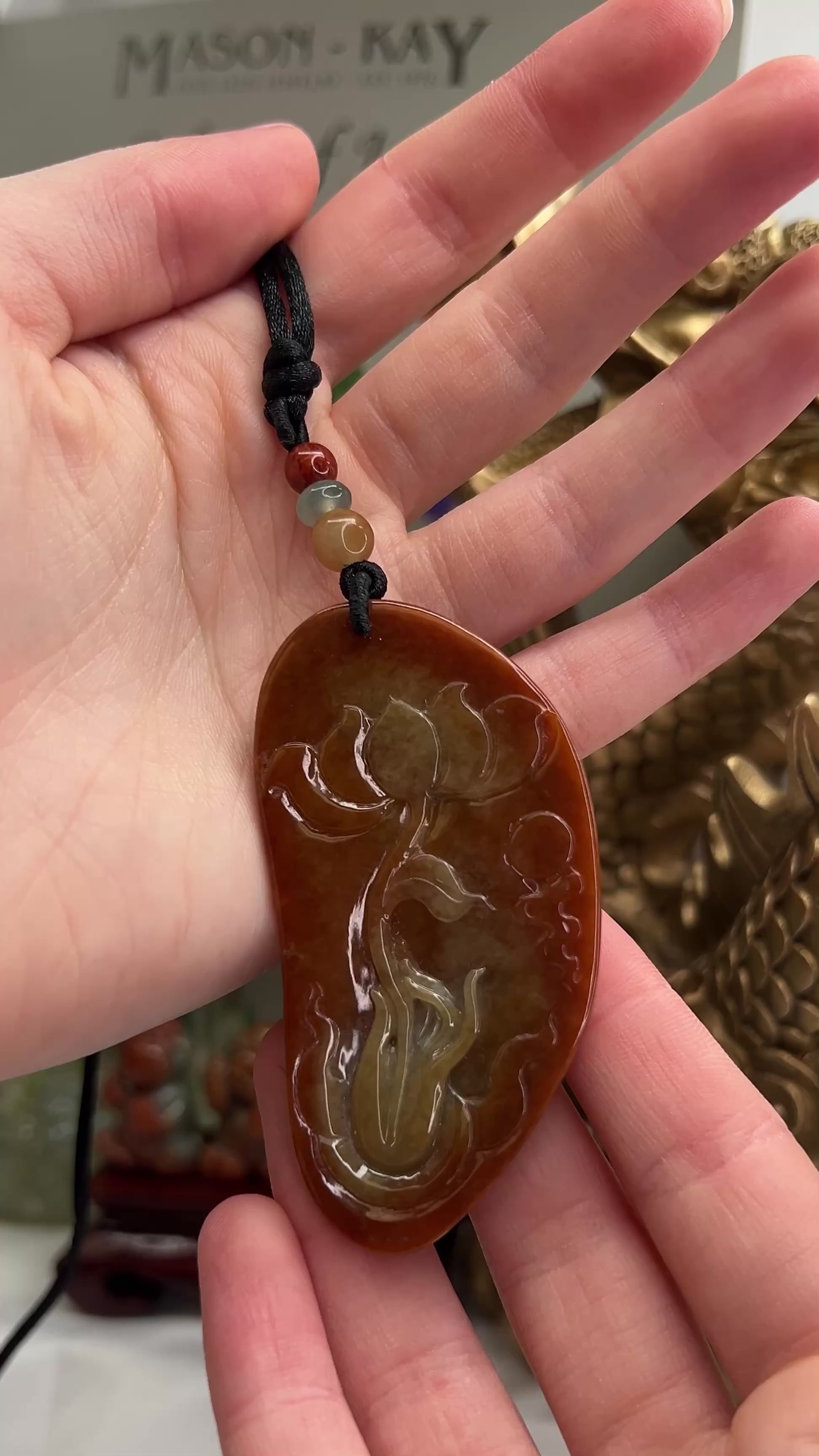 Red Jadeite Jade Carving | Lotus Flower held by Guanyin – Mason