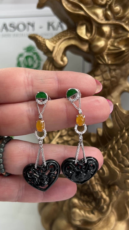 18K White Gold Black Jadeite Jade Heart Earrings with Jade Bat Carving | UPC #393554