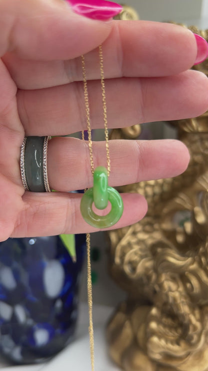 Green Jadeite Jade Double Interlocking Rings in 14K Yellow Gold Chain | UPC #398818