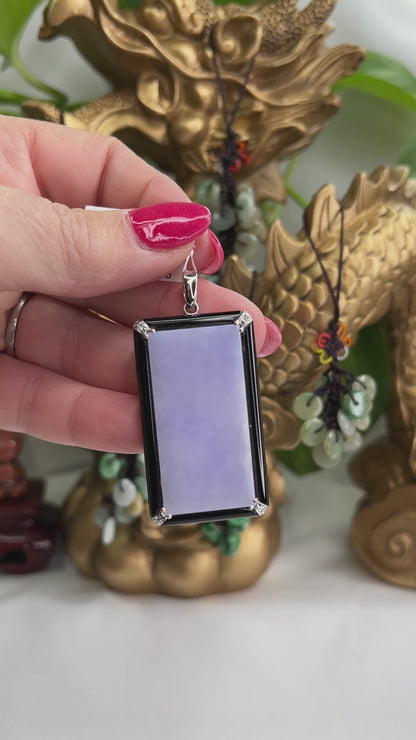 Light Purple Jade Pendant | Natural Lavender Jadeite Jade Tablet with Onyx and Diamonds | UPC #393615