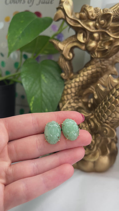 14K YELLOW GOLD GREEN JADEITE JADE CARVED EARRING UPC #369474