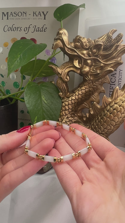 14K YELLOW GOLD WHITE JADEITE JADE LINK BRACELET UPC #369863