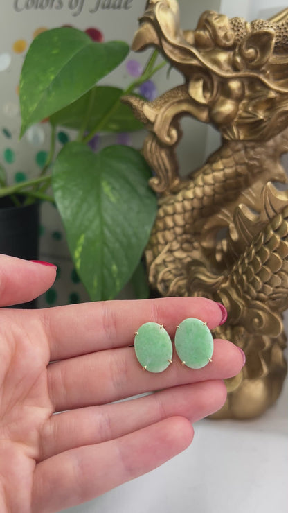 14K YELLOW GOLD GREEN JADEITE JADE OVAL EARRING UPC #358379