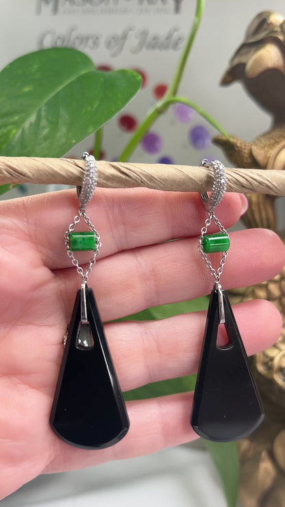 14K WHITE GOLD BLACK NEPHRITE JADE DROP EARRING UPC #318168