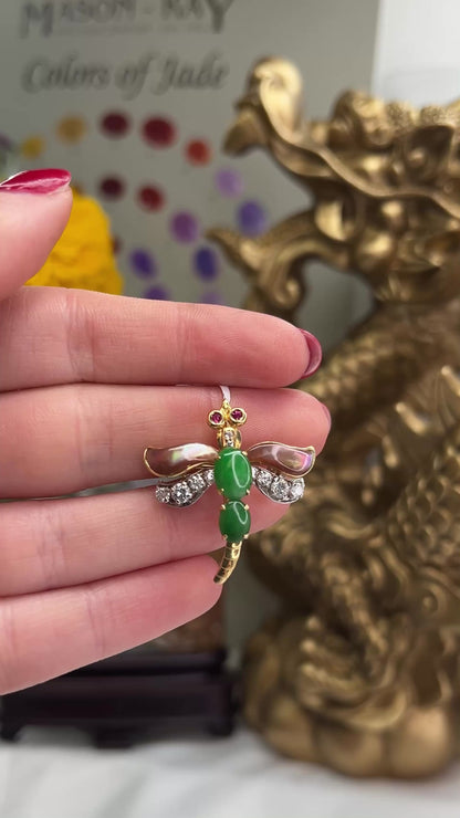 Estate Jade Jewelry | 18K Yellow Gold Jade Ruby and Abalone Pin | UPC #359710