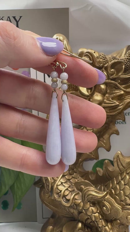 14K YELLOW GOLD LAVENDER JADEITE JADE TEAR DROP EARRING UPC #396098