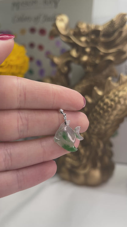 Small Ice and Green Jadeite Jade Pendant Fish Carving with Diamond Accent | UPC #388406