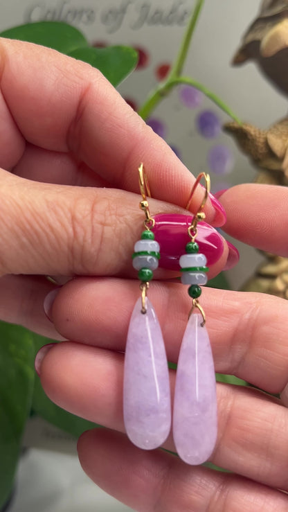 18K YELLOW GOLD LAVENDER JADEITE JADE TEAR DROP EARRING UPC #374508