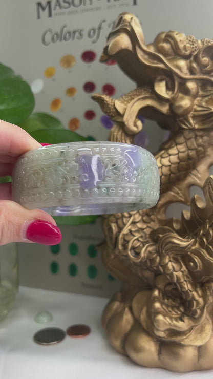 Carved Half Round Green and Lavender Jadeite Jade Bangle 61.1MM | UPC #281929
