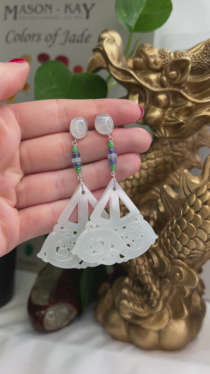 18K White Gold White Jadeite Jade Carved Dragon Earrings | UPC #341050