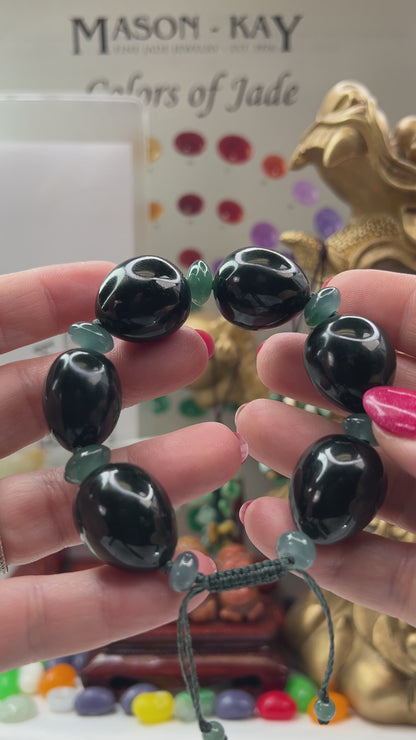 Adjustable Black Nephrite Jade and Blue-Green Jadeite Jade Bead Bracelet | UPC #400955