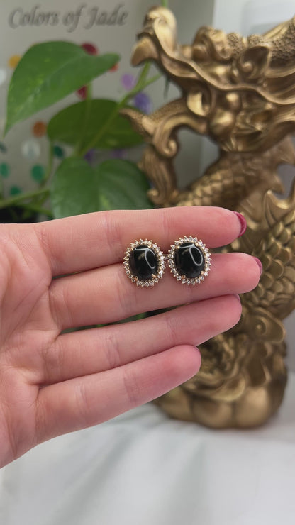 14K YELLOW GOLD BLACK NEPHRITE JADE & DIAMOND EARRING UPC #262089