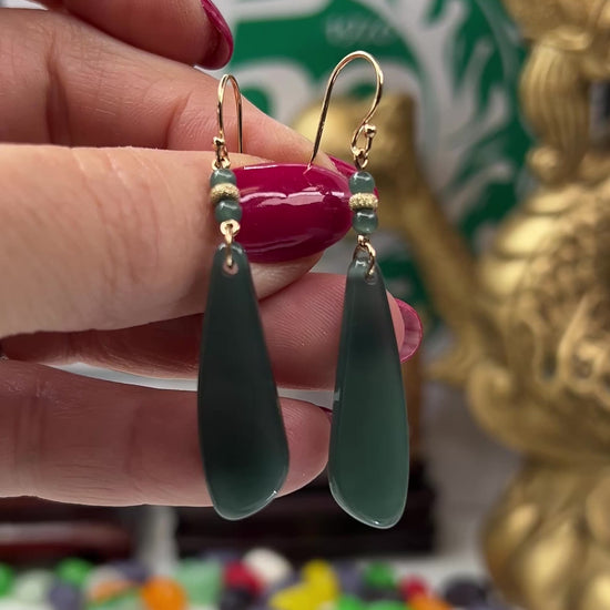 Blue Green Jadeite Jade Drop 14K Yellow Gold Earrings Jade Jewelry