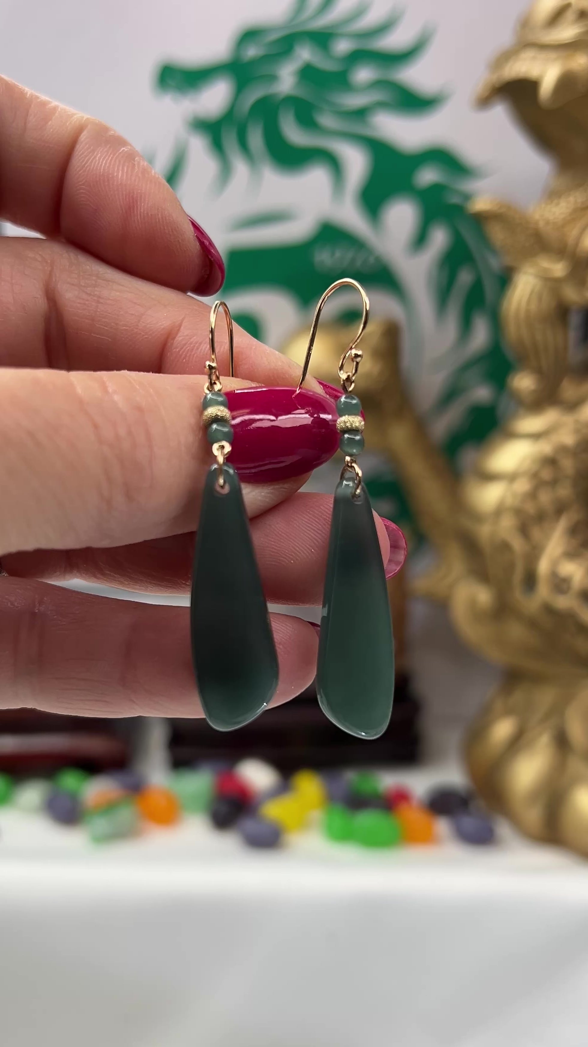 Blue Green Jadeite Jade Drop 14K Yellow Gold Earrings Jade Jewelry