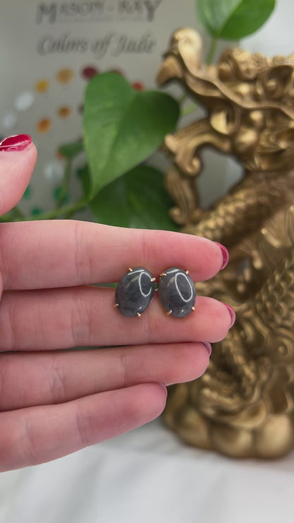 14K YELLOW GOLD GREY JADEITE JADE STUD EARRING UPC #326279