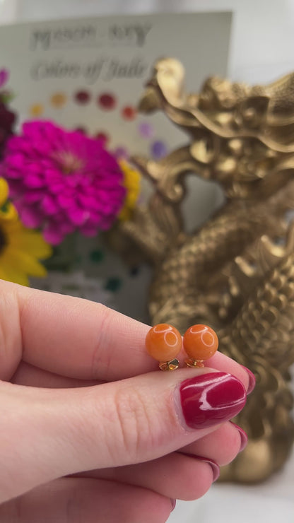 14K YELLOW GOLD RED JADEITE JADE 9MM BALL STUD EARRING UPC #381025
