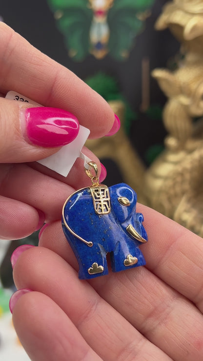 Lapis Lazuli Pendant | Lapiz Lazuli Jewelry Carving of Elephant in 14K Yellow Gold | UPC #000322