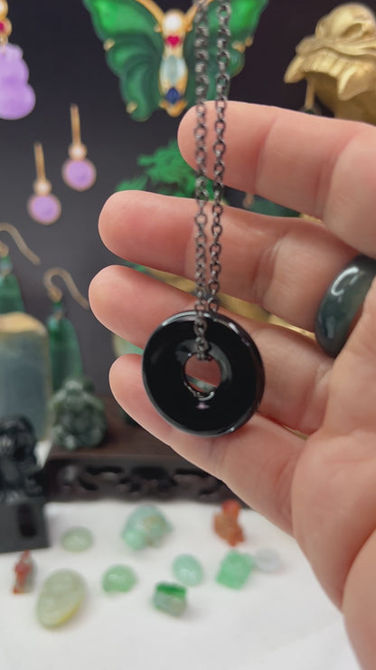 Guatemalan Black Jadeite Jade 20" Necklace for Men and Women | Pi Disc on Chain | UPC #408760