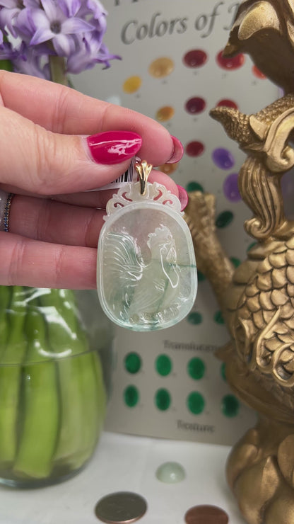14K YELLOW GOLD GREEN & WATER JADEITE JADE CARVED ROOSTER PENDANT UPC #317154