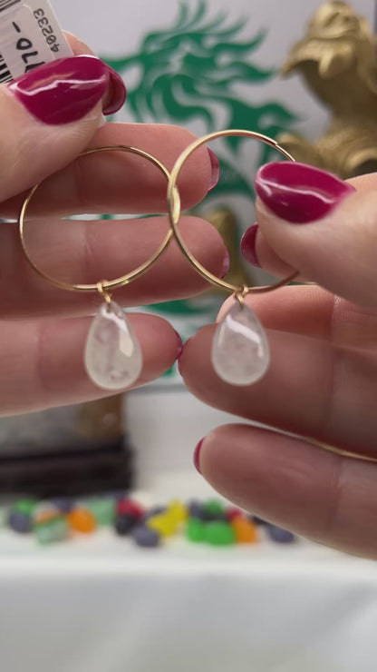 Ice Jadeite Jade Tear Drop Charm on 14K Yellow Gold Hoop Earring | UPC #402331