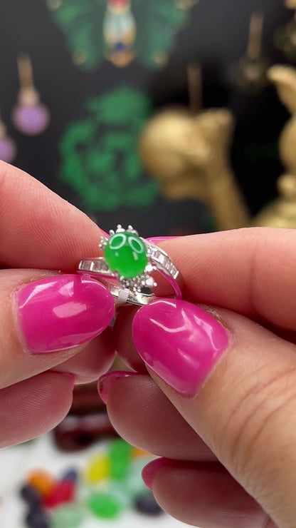 Estate Jade Ring | Vintage Green Jadeite Jade and Diamond Ring in 18K White Gold | UPC #405523