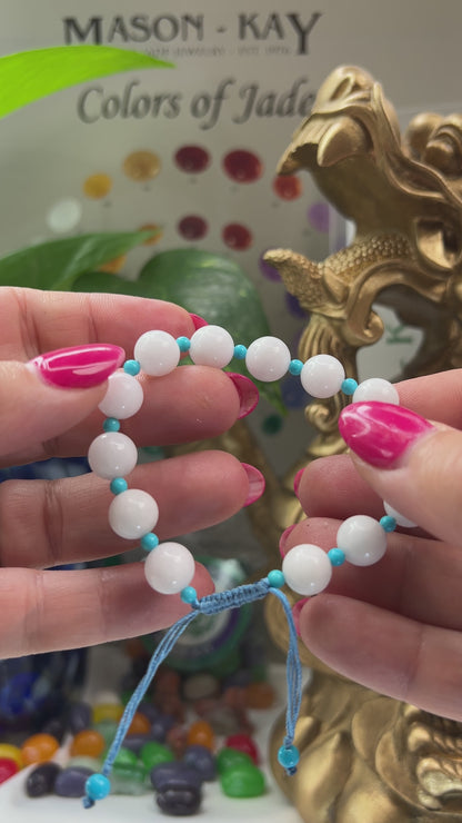 Adjustable White Jadeite Jade and Turquoise Bead Bracelet | UPC #399266