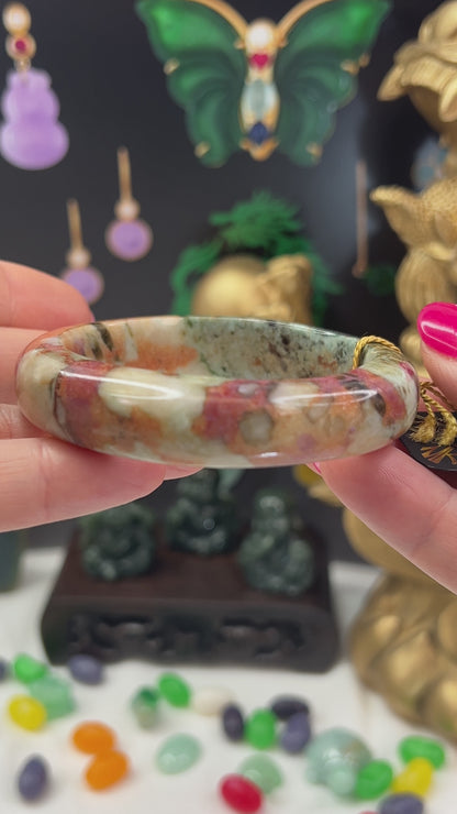 Green and Red Jadeite Jade Half Round Bangle 53.2MM | UPC #405493
