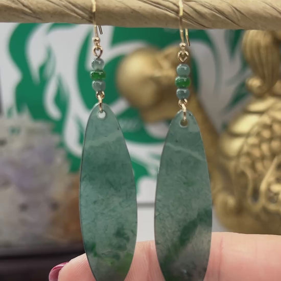 Blue Green Guatemalan Jadeite Jade Drop 14K Yellow Gold Earrings Jade Jewelry