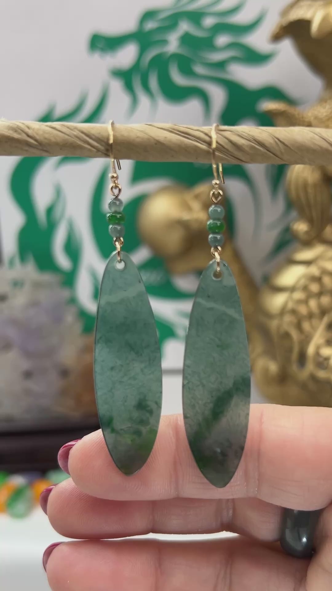 Blue Green Guatemalan Jadeite Jade Drop 14K Yellow Gold Earrings Jade Jewelry