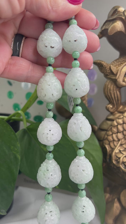 Green Jadeite Jade Carved Bead Necklace on Cord | Jade Dragon, Phoenix and Coin Carving | UPC #336537