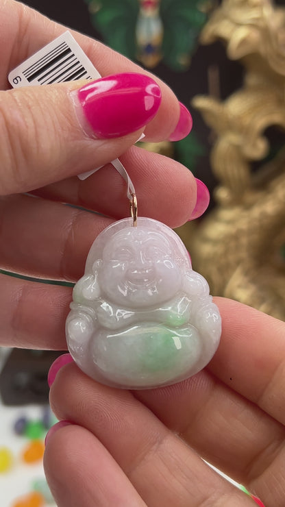 White & Green Jadeite Jade Carving 14K Yellow Gold  | Jade Buddha Pendant | UPC #071506
