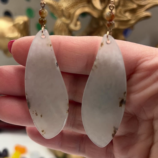 White Red Siberian Nephrite Jade 14K Yellow Gold Drop Earring jade jewelry