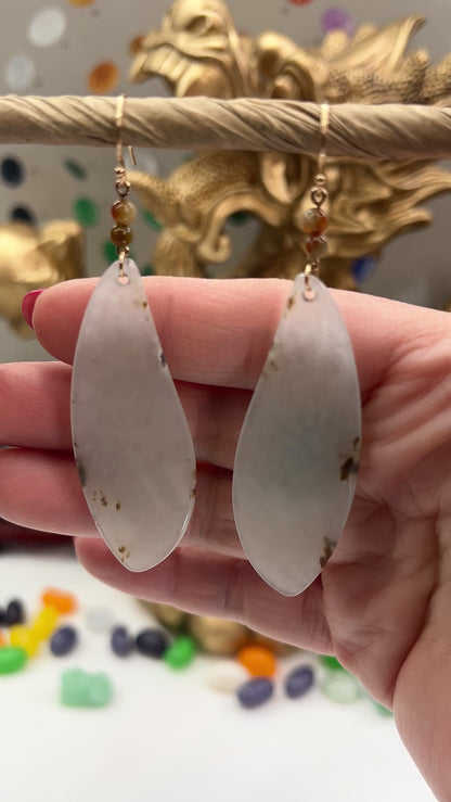 White Red Siberian Nephrite Jade 14K Yellow Gold Drop Earring jade jewelry