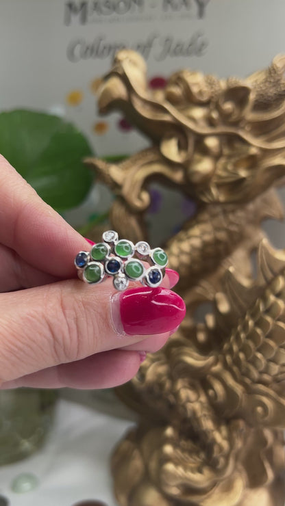 18K WHITE GOLD GREEN JADEITE, DIAMOND & SAPPHIRE 'BUBBLE' JADE RING UPC #354623