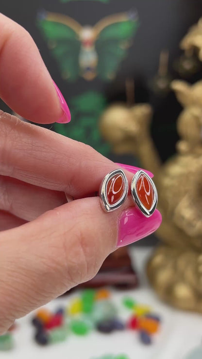 Red Jadeite Jade 14k Yellow Gold Marquise Stud Earring | UPC #404984