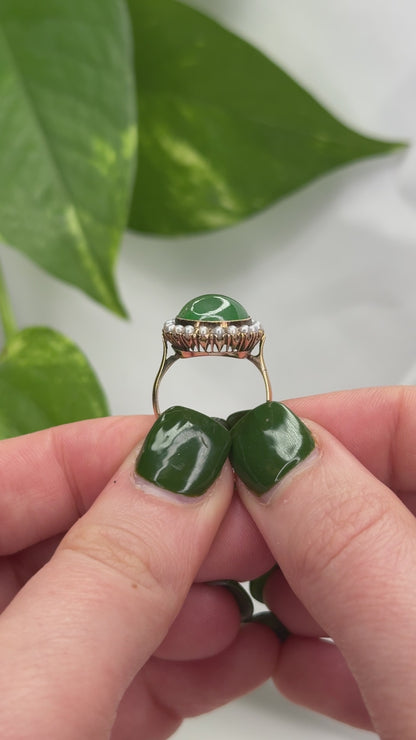 ESTATE YELLOW GOLD GREEN JADEITE JADE & PEARL RING UPC #333871