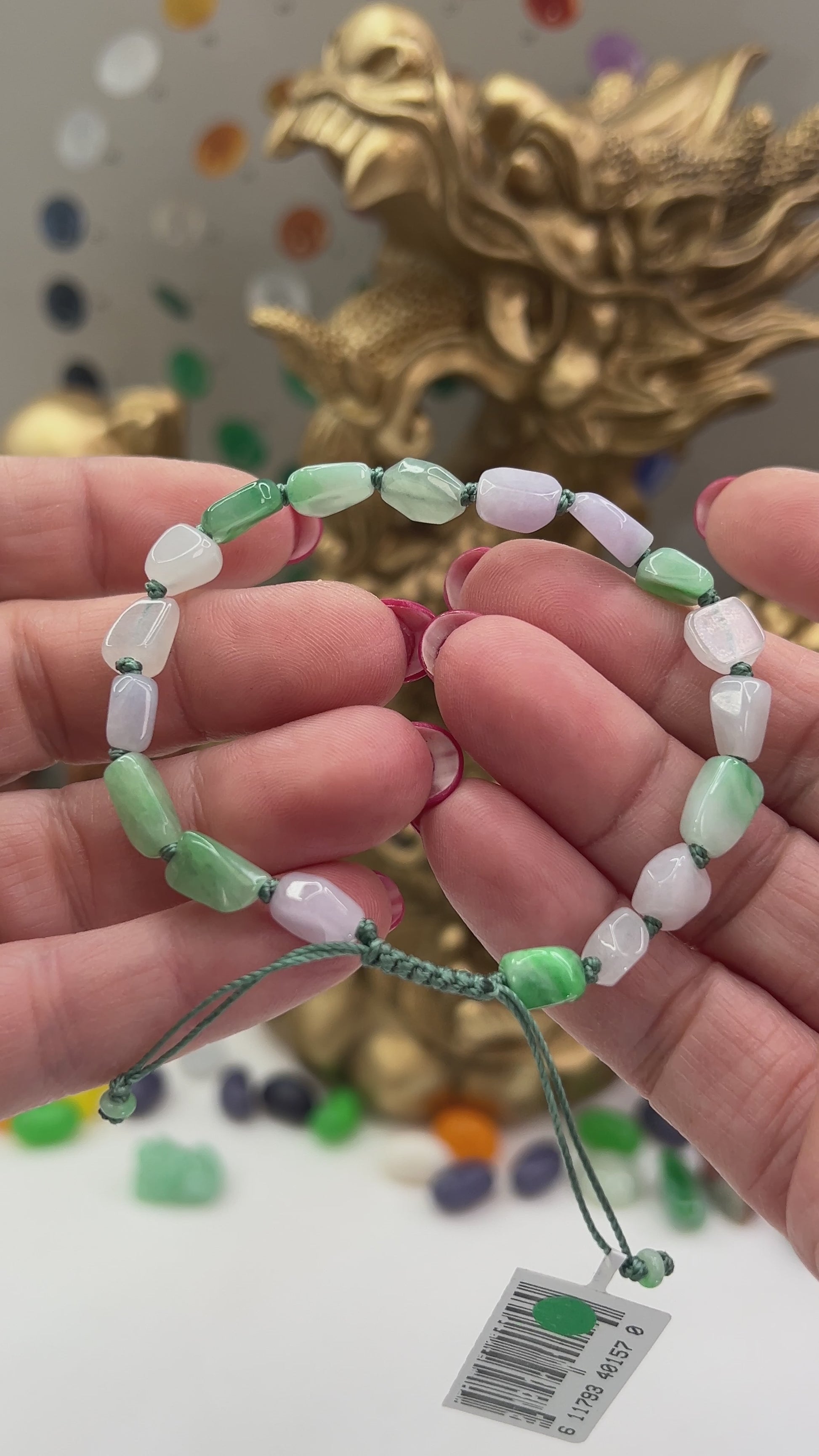 Green And White Jadeite Jade Freeform Beads Adjustable Bracelet jade jewelry