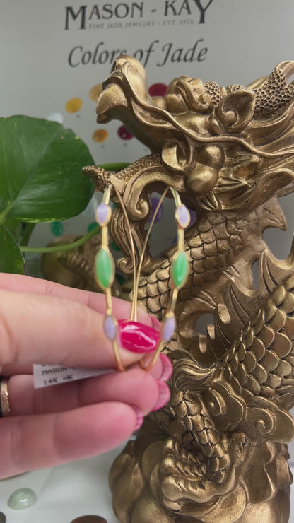 14K YELLOW GOLD GREEN & LAVENDER JADEITE JADE HOOP EARRING UPC #382633