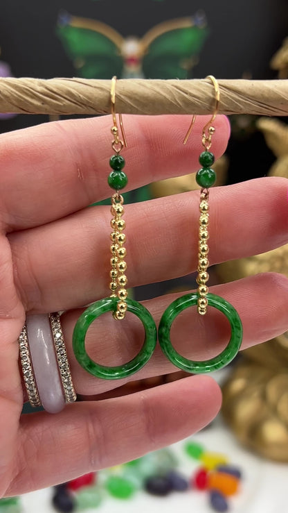 Green Jadeite Jade Circle 14K Yellow Gold Earrings | UPC #402386