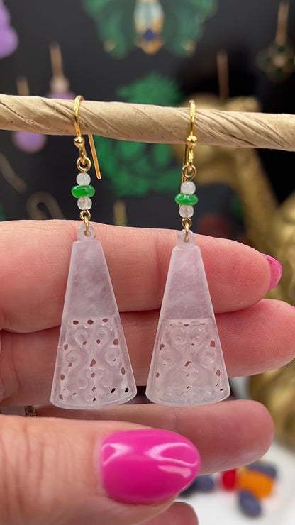 Ice Jadeite Jade Carved Double Dragon Drop 18K Yellow Gold Earrings | UPC #403055