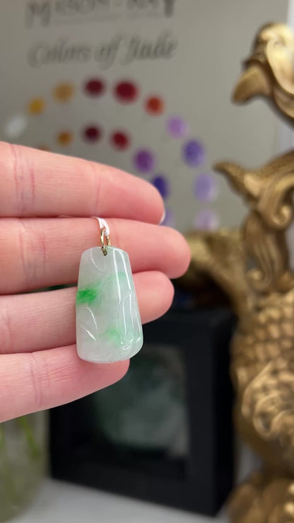 Green and White Jadeite Jade Carved Bamboo 14K Yellow Gold Pendant | UPC #218123