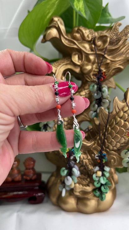 18K White Gold Green Jadeite Jade Carvings of Fish Earrings with Jade Beads and Coral Beads | UPC #313057
