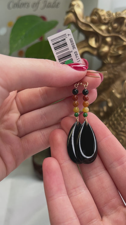 14K YELLOW GOLD BLACK NEPHRITE & RAINBOW JADE TEAR DROP EARRING UPC #365957