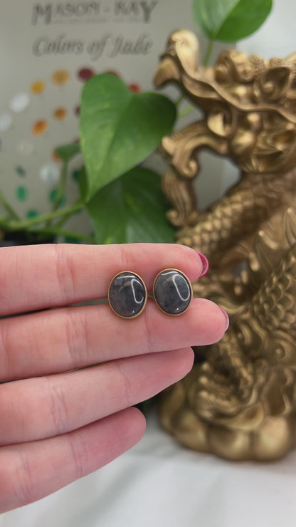 14K YELLOW GOLD GREY JADEITE JADE OVAL STUD EARRING UPC #363458