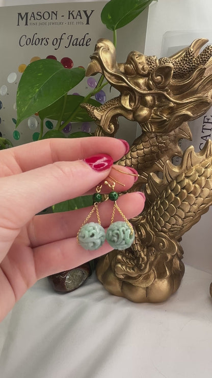 14K YELLOW GOLD GREEN JADEITE JADE CARVED BEAD DROP EARRING UPC #388895