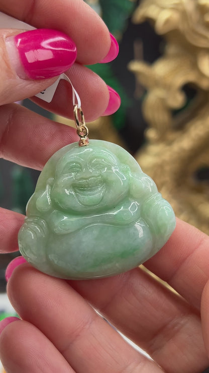 Large Green Jadeite Jade Carving 14K Yellow Gold  | Jade Buddha Pendant | UPC #406322