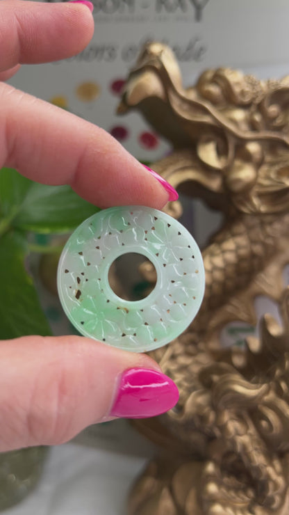 GREEN JADEITE JADE LOOSE CARVED FLORAL PI DISC PENDANT UPC #190931