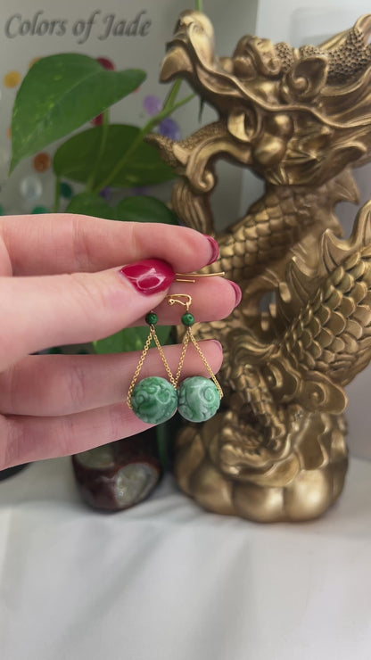 14K YELLOW GOLD GREEN JADEITE JADE CARVED BEAD DROP EARRING UPC #396197
